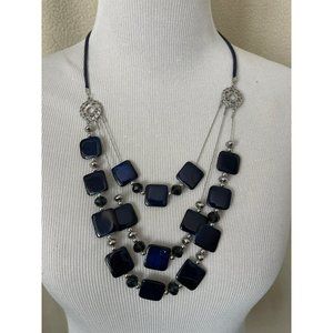 Navy Blue Square & Round Beaded 3-Tier Necklace